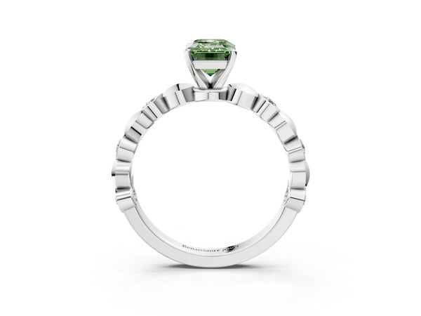 Platinum Emerald Cut Engagement Ring Setting for Fancy Green Center with Bezel Station Beaded Band