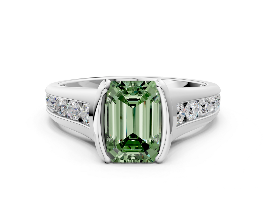 White gold Fancy Green Emerald  Solitaire Bezel-Set Diamond Ring with Channel-Set Band_34