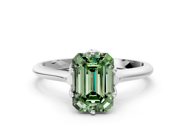 White gold Fancy Green Emerald  Solitaire Cathedral Diamond Ring with Six-Prong Setting