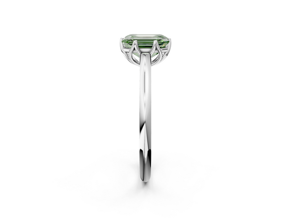 White gold Fancy Green Emerald  Solitaire Cathedral Diamond Ring with Six-Prong Setting