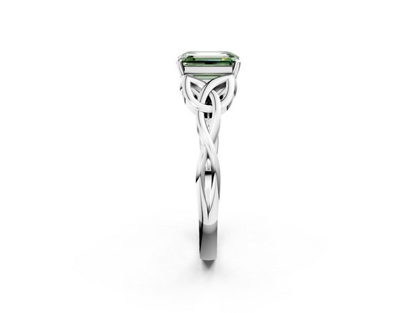 White gold Fancy Green Emerald Cut Diamond Solitaire Engagement Ring with Celtic Knot Band and Four-Prong Setting