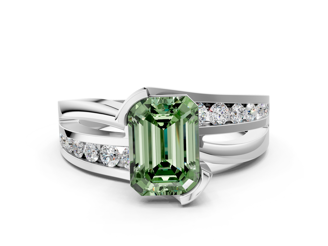 White gold Fancy Green Emerald  Solitaire Channel-Set Split Shank Ring with Tension Prong Setting_3