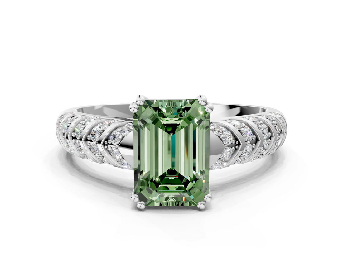 White gold Fancy Green Emerald  Solitaire Chevron Pave Diamond Engagement Ring with Six-Prong Setting_3