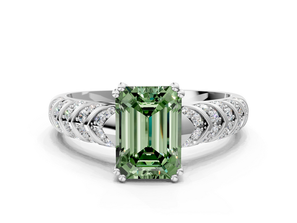 White gold Fancy Green Emerald  Solitaire Chevron Pave Diamond Engagement Ring with Six-Prong Setting