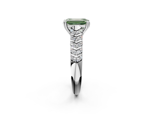 White gold Fancy Green Emerald  Solitaire Chevron Pave Diamond Engagement Ring with Six-Prong Setting