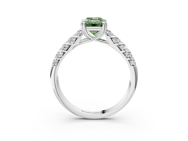 White gold Fancy Green Emerald  Solitaire Chevron Pave Diamond Engagement Ring with Six-Prong Setting