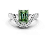 White gold Fancy Green Emerald  Solitaire Diamond Engagement Ring with Pave Band and Four-Prong Setting
