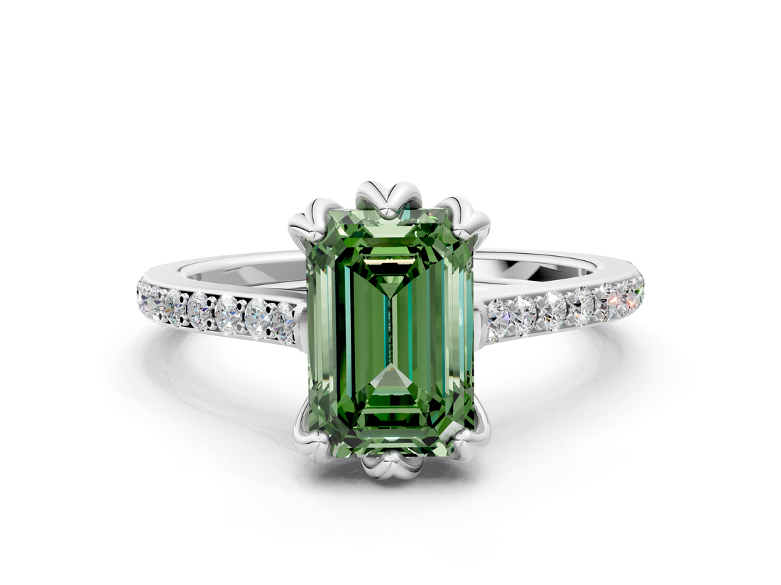 White gold Fancy Green Emerald  Solitaire Diamond Engagement Ring with Pave Band and Six-Prong Setting_20