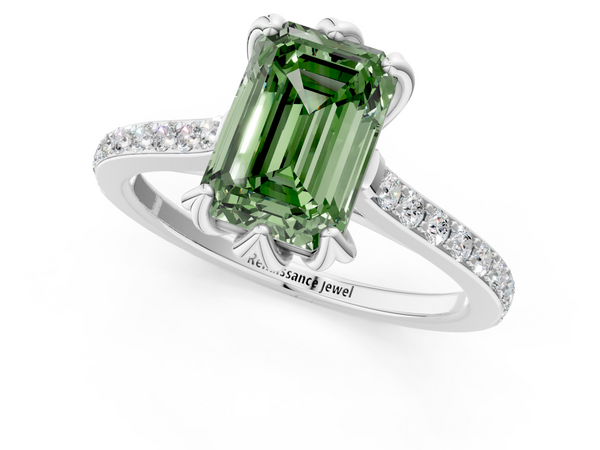 Platinum Fancy Green Emerald  Solitaire Diamond Engagement Ring with Pave Band and Six-Prong Setting