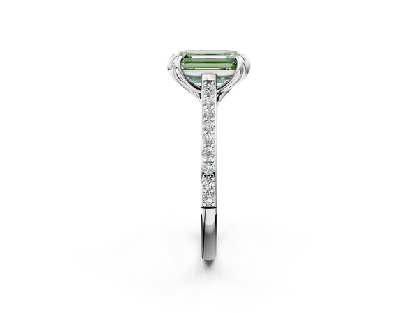 Platinum Fancy Green Emerald  Solitaire Diamond Engagement Ring with Pave Band and Six-Prong Setting
