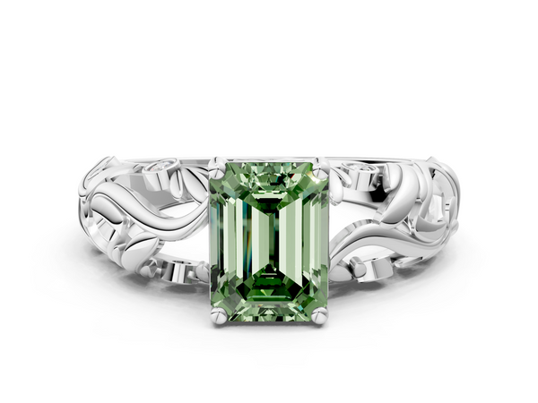 White gold Fancy Green Emerald Cut Solitaire Diamond Leaf-Inspired Vine Band Ring with Prong Setting