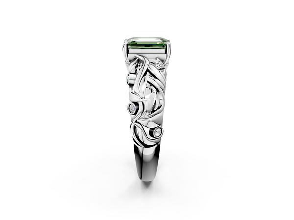 White gold Fancy Green Emerald Cut Solitaire Diamond Leaf-Inspired Vine Band Ring with Prong Setting