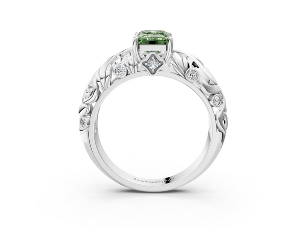 White gold Fancy Green Emerald Cut Solitaire Diamond Leaf-Inspired Vine Band Ring with Prong Setting