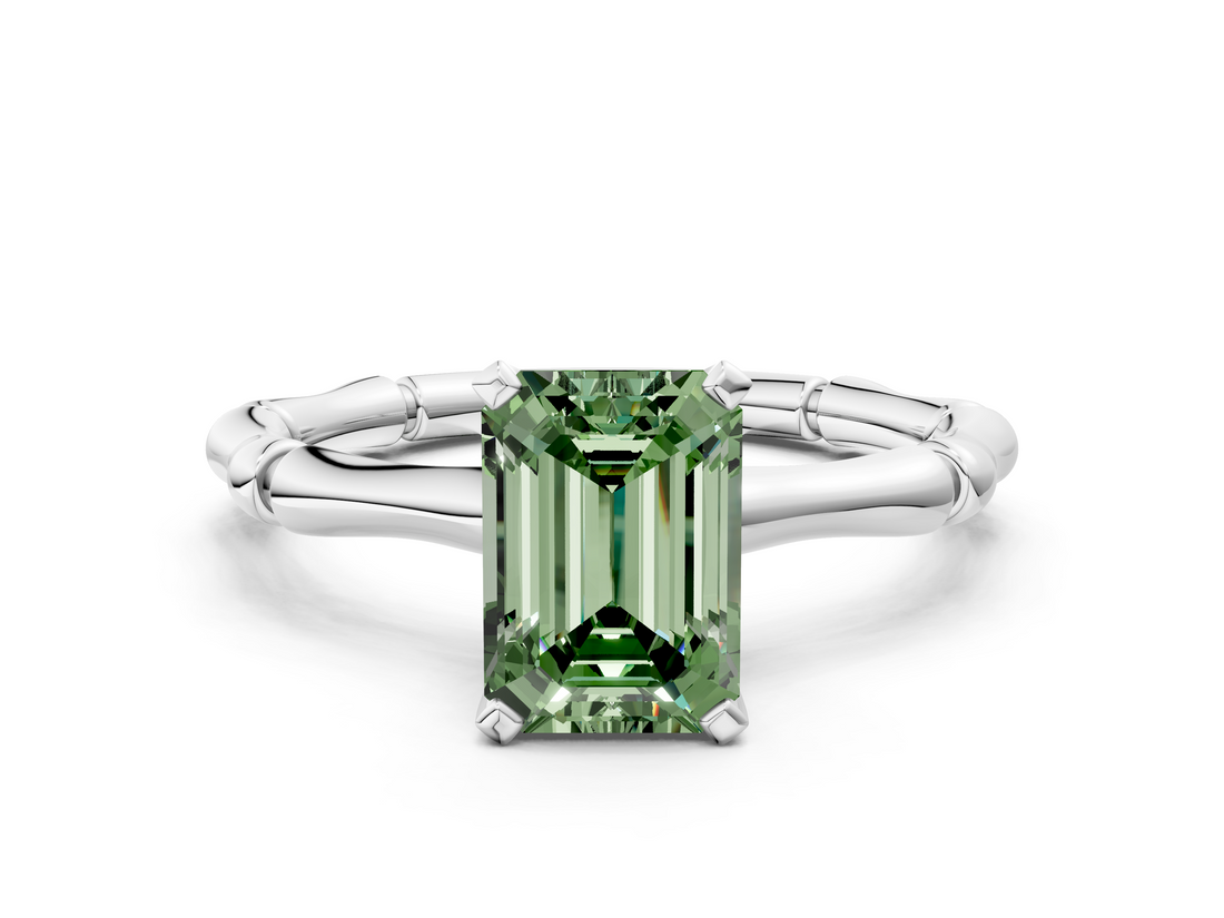 White gold Fancy Green Emerald  Solitaire Diamond Ring with Bamboo Band and Four-Prong Setting_51