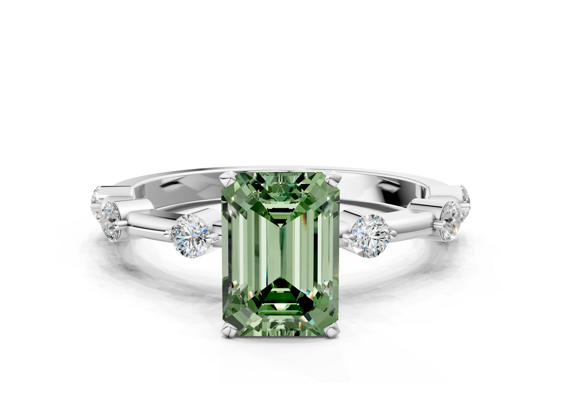 White gold Fancy Green Emerald  Solitaire Diamond Ring with Bezel Set Side Stones and Prong Setting_3