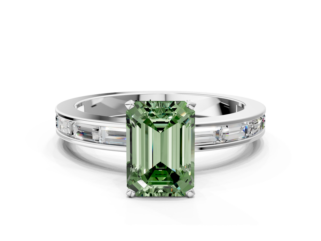 White gold Fancy Green Emerald  Solitaire Diamond Ring with Channel-Set Baguette Band and Four-Prong Setting_112
