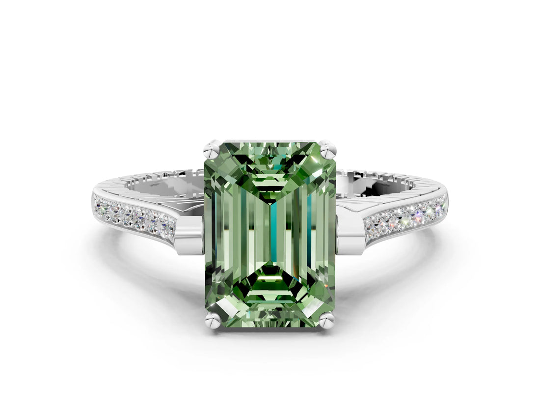 White gold Fancy Green Emerald  Solitaire Diamond Ring with Channel Set Band and Bezel Prong Setting_74