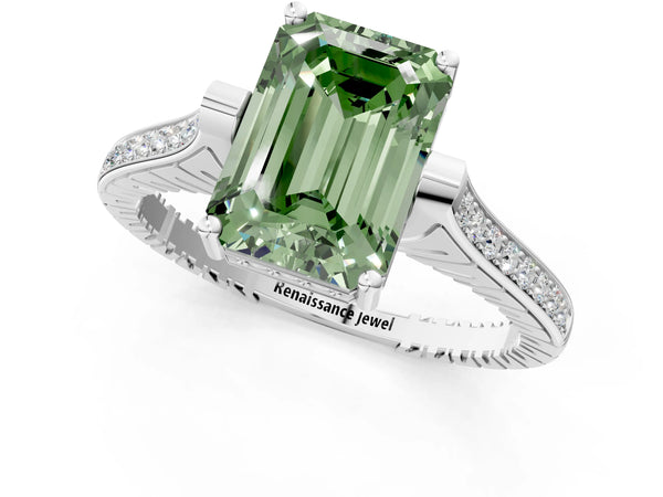 White gold Fancy Green Emerald  Solitaire Diamond Ring with Channel Set Band and Bezel Prong Setting