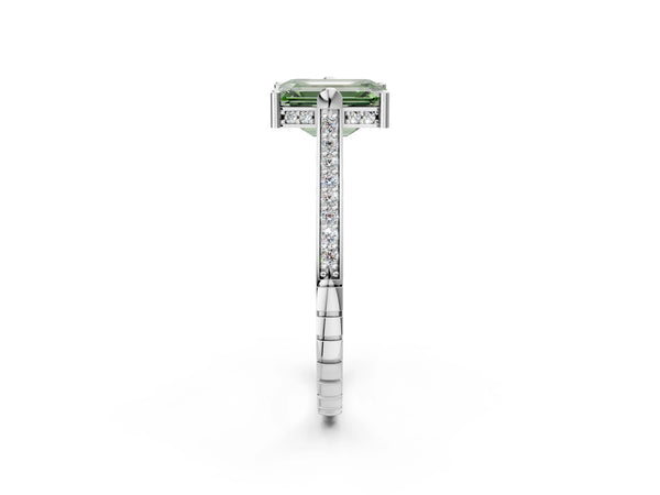 White gold Fancy Green Emerald  Solitaire Diamond Ring with Channel Set Band and Bezel Prong Setting