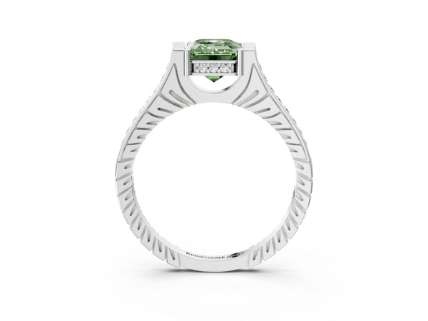White gold Fancy Green Emerald  Solitaire Diamond Ring with Channel Set Band and Bezel Prong Setting
