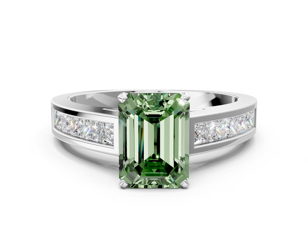 White Gold Emerald Cut Channel Set Solitaire Engagement Ring Setting for Fancy Green Center