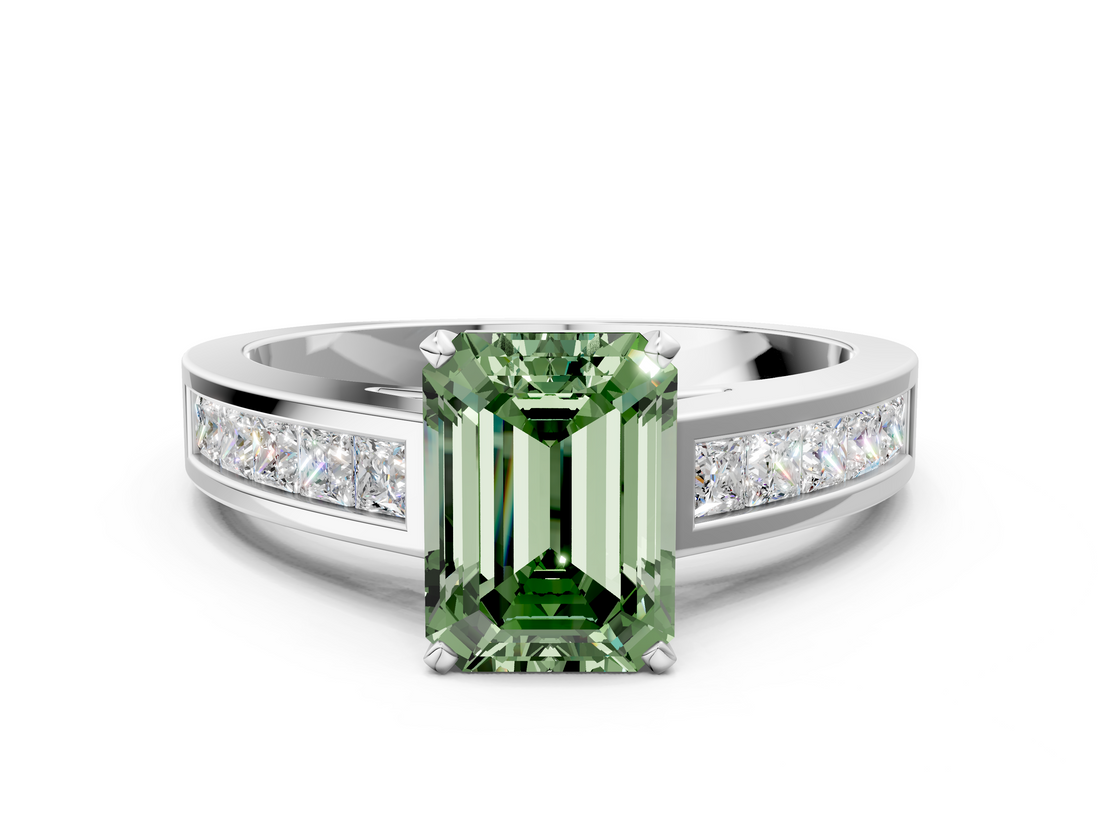 White gold Fancy Green Emerald  Solitaire Diamond Ring with Channel-Set Band and Four-Prong Setting_3