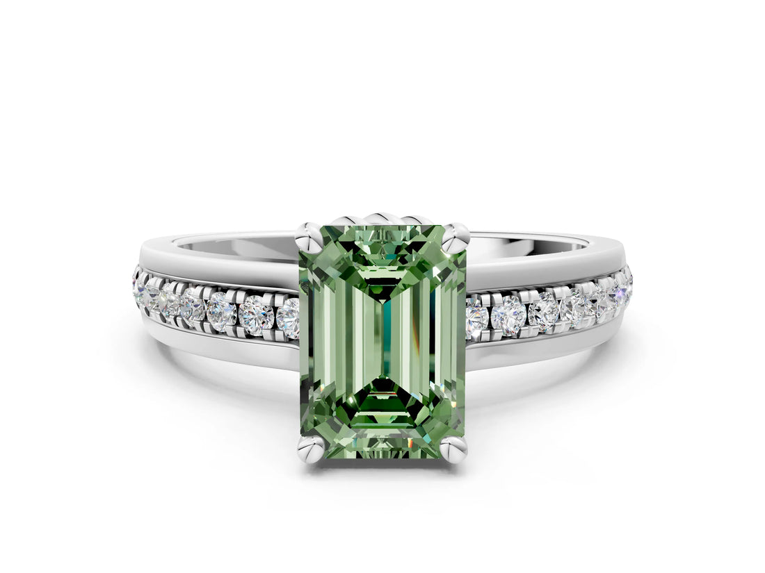 White gold Fancy Green Emerald  Solitaire Diamond Ring with Channel Set Band and Six-Prong Setting_48