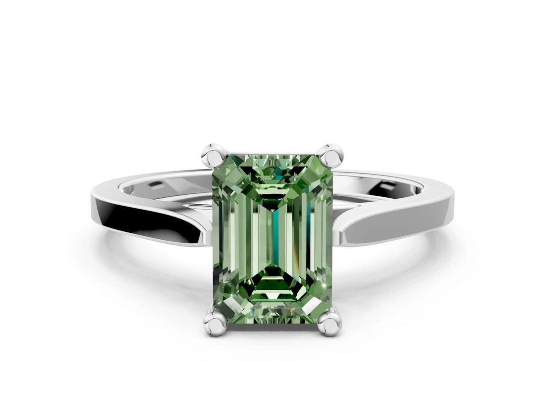 White gold Fancy Green Emerald  Solitaire Diamond Ring with Four-Prong Setting and Tapered Band 1