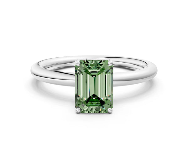 Platinum Fancy Green Emerald  Solitaire Diamond Ring with Four-Prong Setting on a Plain Band