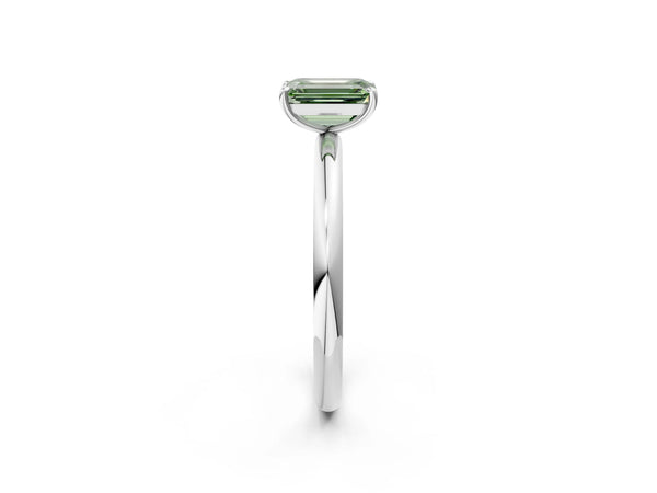 Platinum Fancy Green Emerald  Solitaire Diamond Ring with Four-Prong Setting on a Plain Band