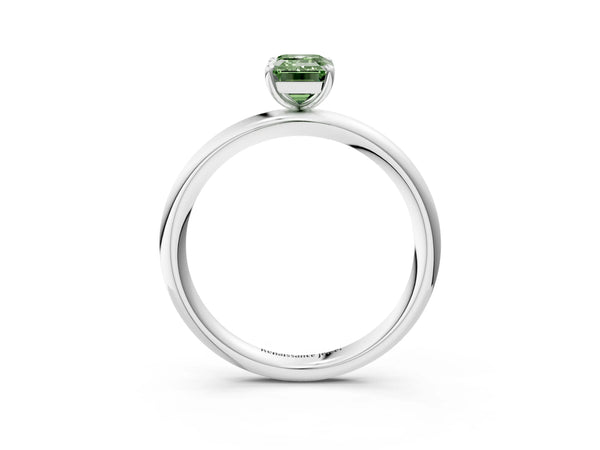 Platinum Fancy Green Emerald  Solitaire Diamond Ring with Four-Prong Setting on a Plain Band