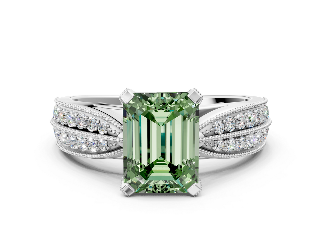 White gold Fancy Green Emerald  Solitaire Diamond Ring with Milgrain Pavé Band and Four-Prong Setting_36