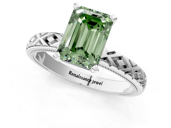 Platinum Fancy Green Emerald  Solitaire Diamond Ring with Milgrain and Black Enamel X Pattern Band