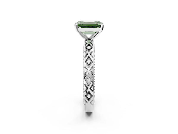 Platinum Fancy Green Emerald  Solitaire Diamond Ring with Milgrain and Black Enamel X Pattern Band