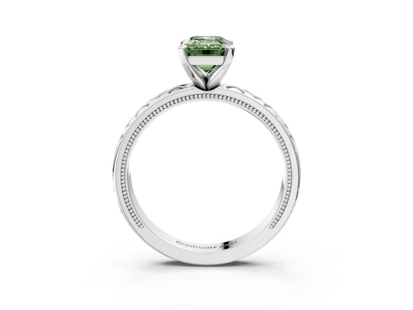 Platinum Fancy Green Emerald  Solitaire Diamond Ring with Milgrain and Black Enamel X Pattern Band
