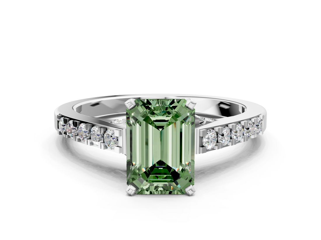 White gold Fancy Green Emerald  Solitaire Diamond Ring with Pavé Band and Four-Prong Setting_112