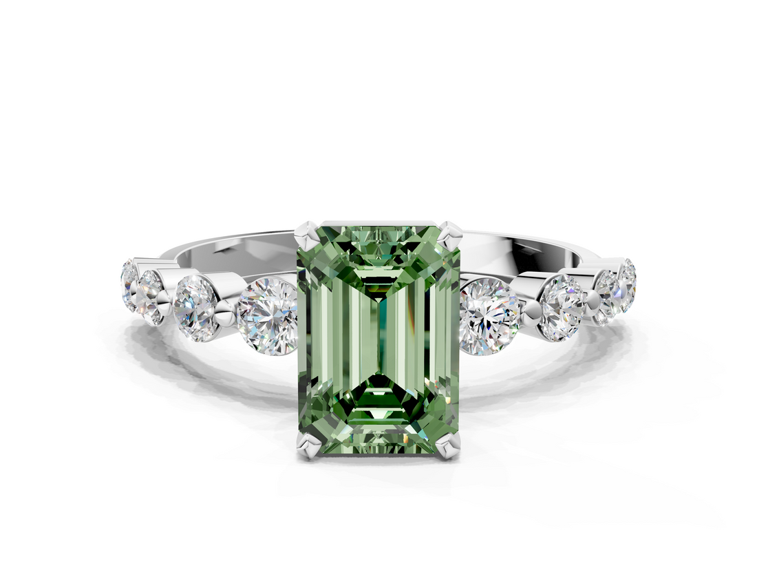 White gold Fancy Green Emerald  Solitaire Diamond Ring with Pave Band and Four-Prong Setting_281
