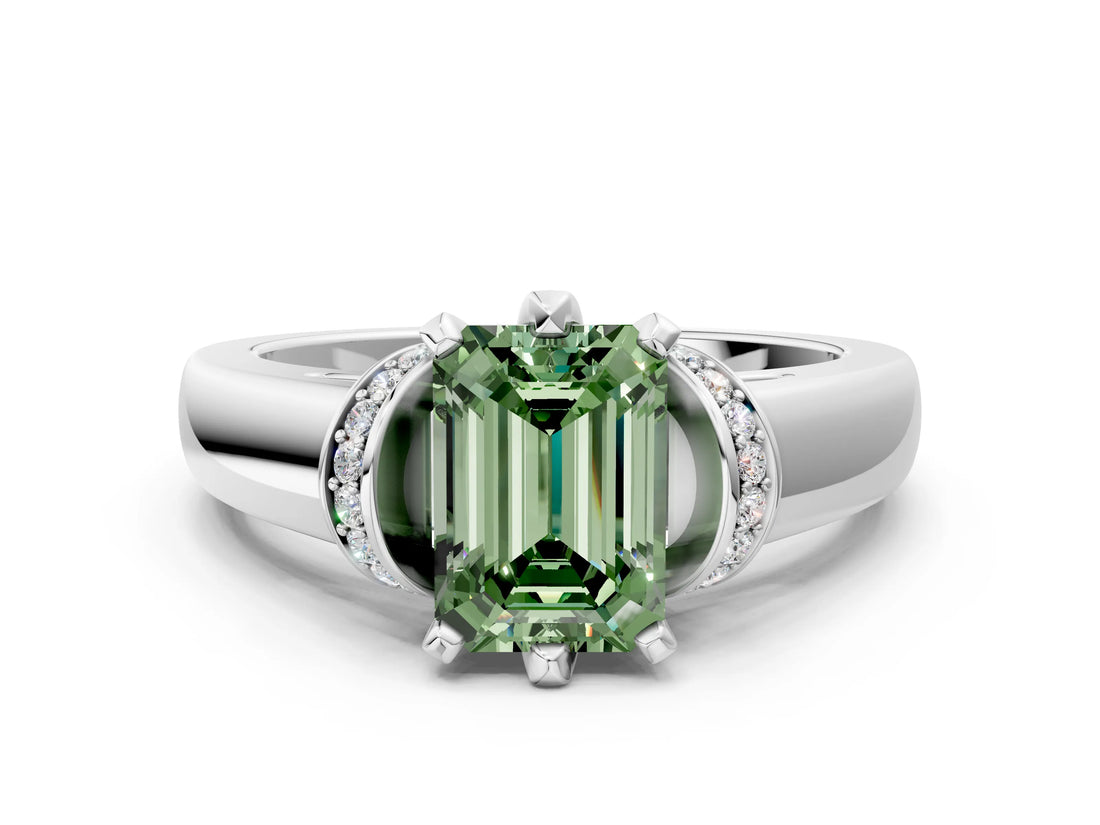 White gold Fancy Green Emerald  Solitaire Diamond Ring with Pave Band and Six-Prong Setting_32