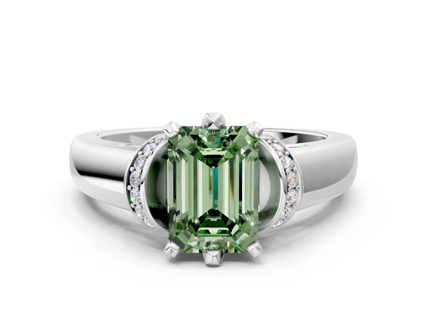 White gold Fancy Green Emerald  Solitaire Diamond Ring with Pave Band and Six-Prong Setting