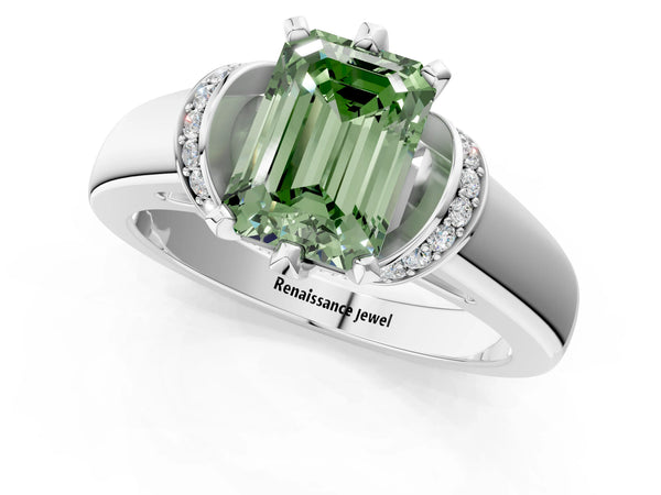 White gold Fancy Green Emerald  Solitaire Diamond Ring with Pave Band and Six-Prong Setting