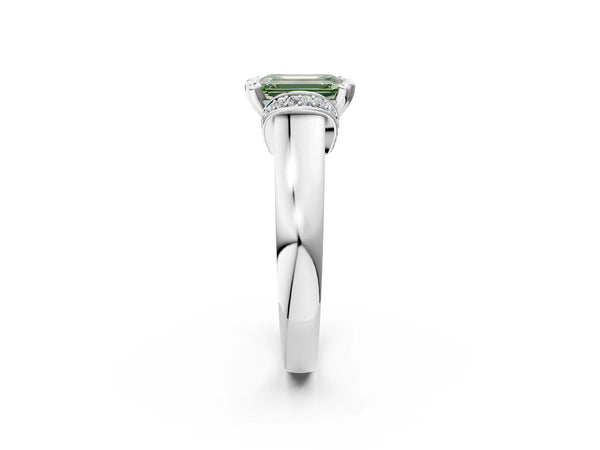 White gold Fancy Green Emerald  Solitaire Diamond Ring with Pave Band and Six-Prong Setting