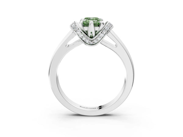 White gold Fancy Green Emerald  Solitaire Diamond Ring with Pave Band and Six-Prong Setting