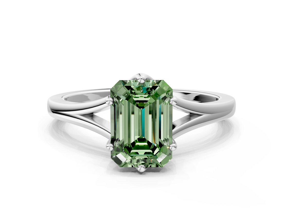 White gold Fancy Green Emerald  Solitaire Diamond Ring with Six-Prong Setting and Tapered Band_29