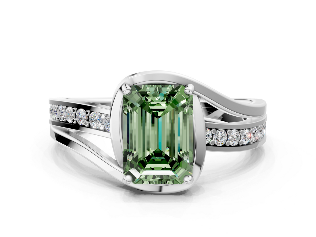 White gold Fancy Green Emerald  Solitaire Diamond Ring with Split Shank and Prong Setting_40