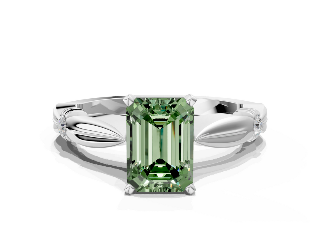 White gold Fancy Green Emerald  Solitaire Diamond Twisted Band with Four-Prong Setting_41