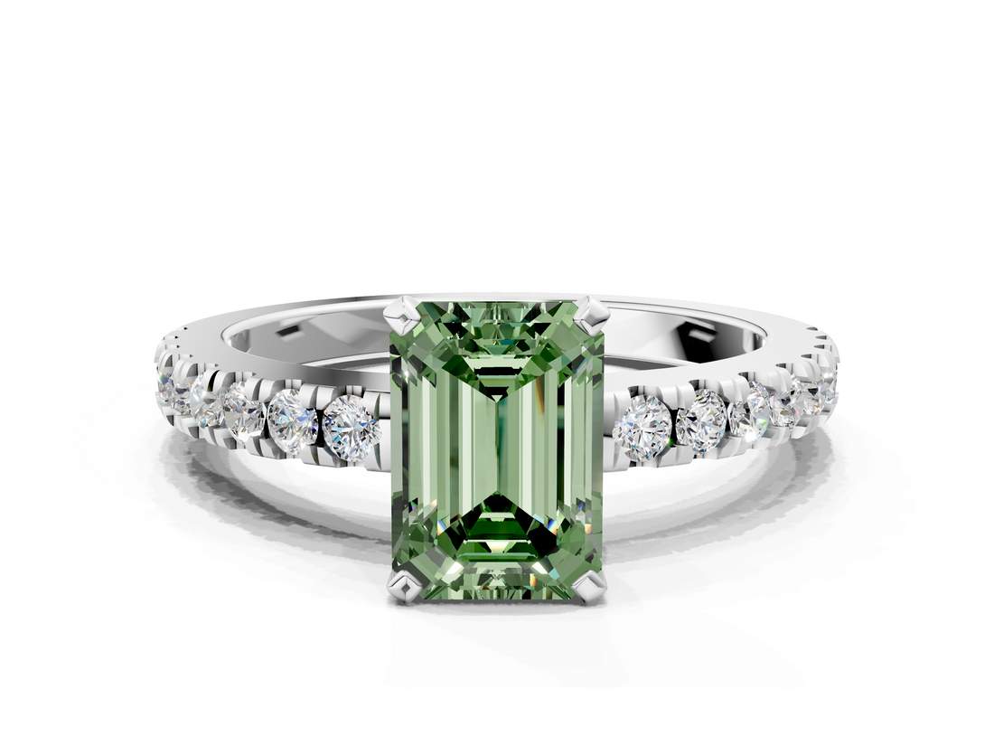 White gold Fancy Green Emerald  Solitaire Diamond with Pavé Band and Four-Prong Setting_63