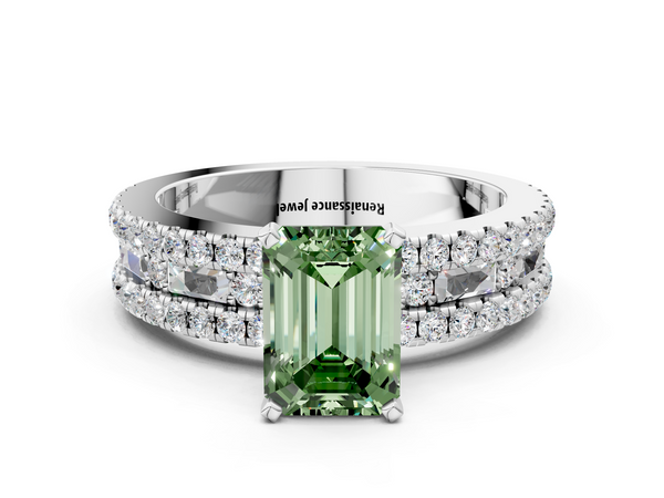 White gold Fancy Green Emerald Cut Diamond Solitaire Ring with Pavé and Channel Set Band