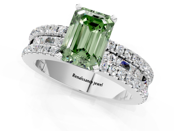 White gold Fancy Green Emerald Cut Diamond Solitaire Ring with Pavé and Channel Set Band