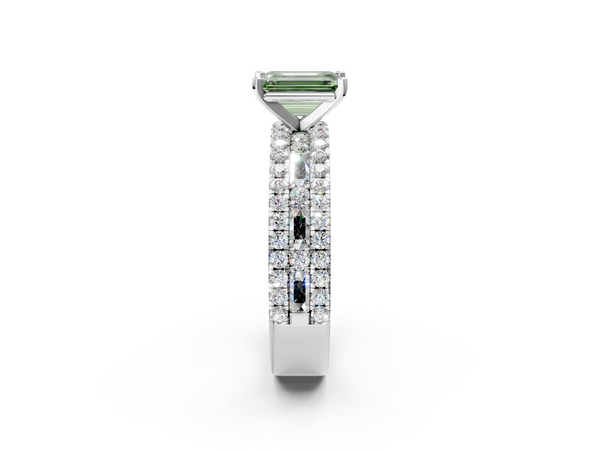 White gold Fancy Green Emerald Cut Diamond Solitaire Ring with Pavé and Channel Set Band