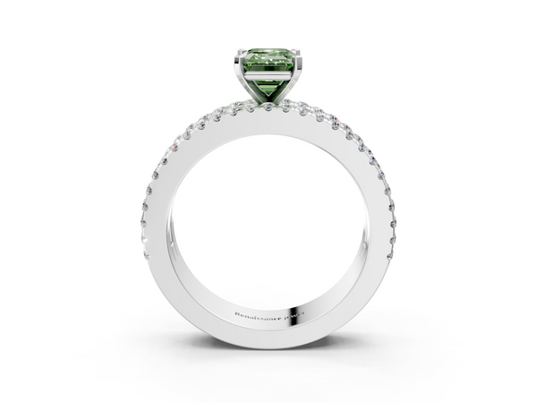 White gold Fancy Green Emerald Cut Diamond Solitaire Ring with Pavé and Channel Set Band